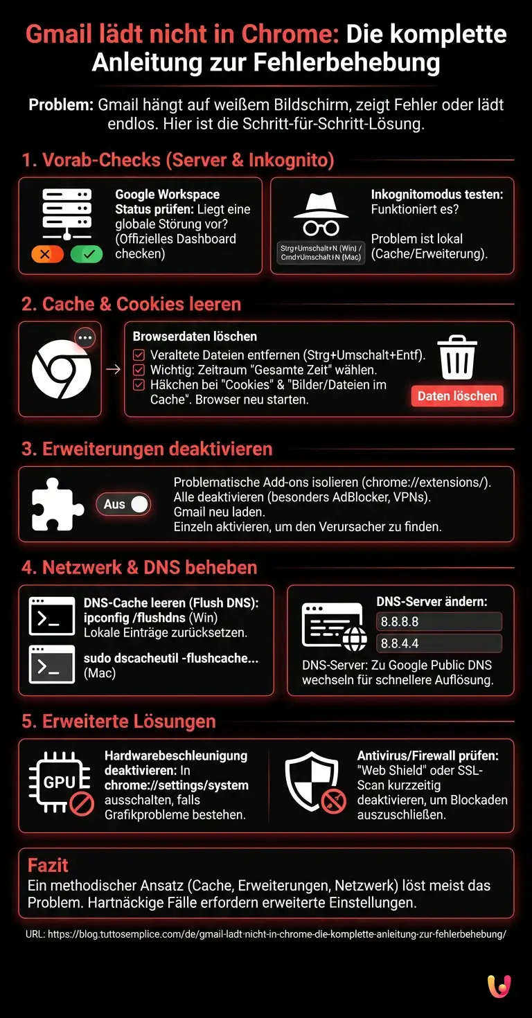 Gmail l&auml;dt nicht in Chrome: Die komplette Anleitung zur Fehlerbehebung - Zusammenfassende Infografik