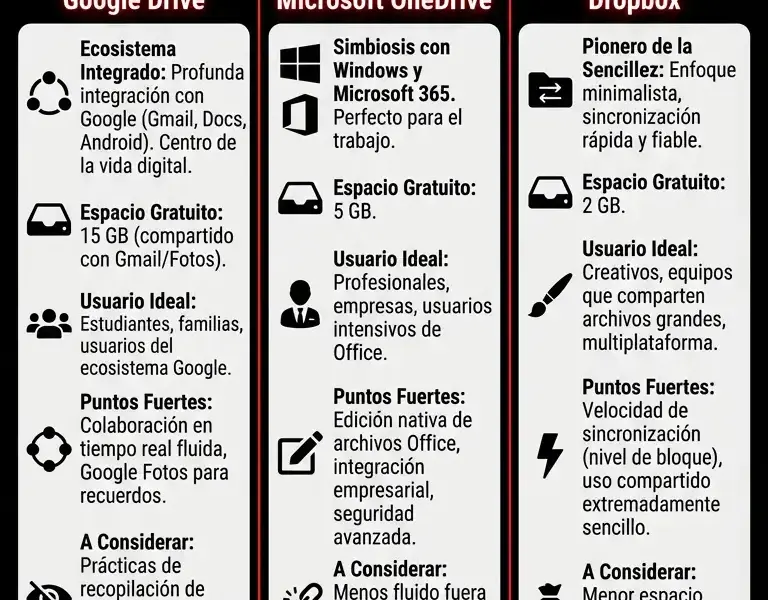 Infografica: Google Drive vs. OneDrive vs. Dropbox: &iquest;cu&aacute;l elegir en 2025?