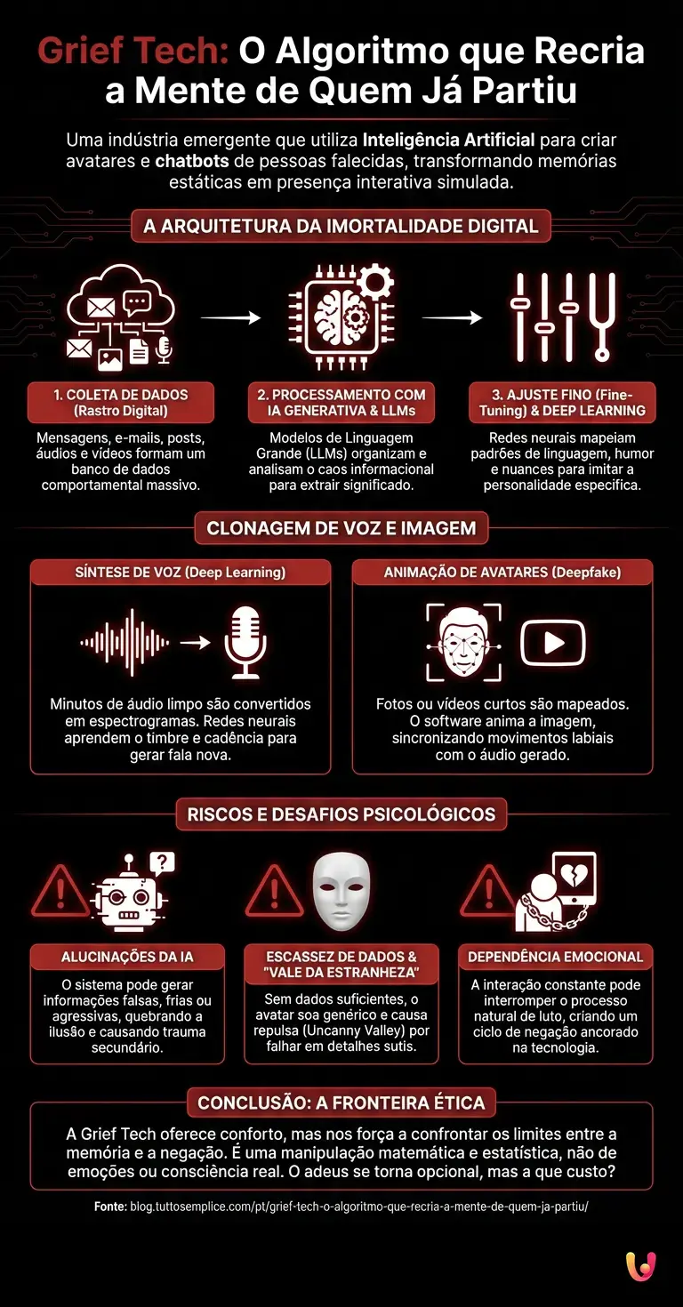 Grief Tech: O algoritmo que recria a mente de quem já partiu. - Infográfico resumido