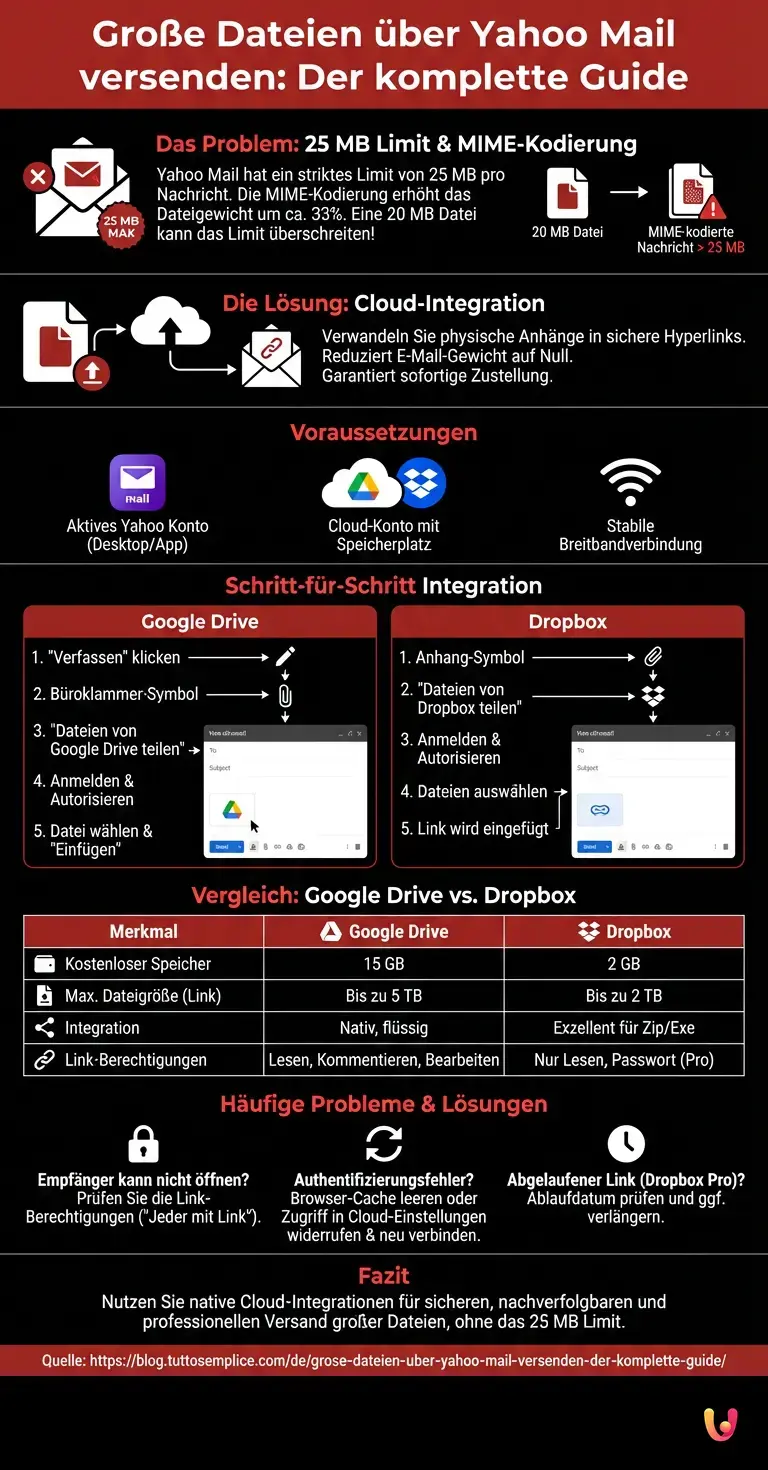 Gro&szlig;e Dateien &uuml;ber Yahoo Mail versenden: Der komplette Guide - Zusammenfassende Infografik