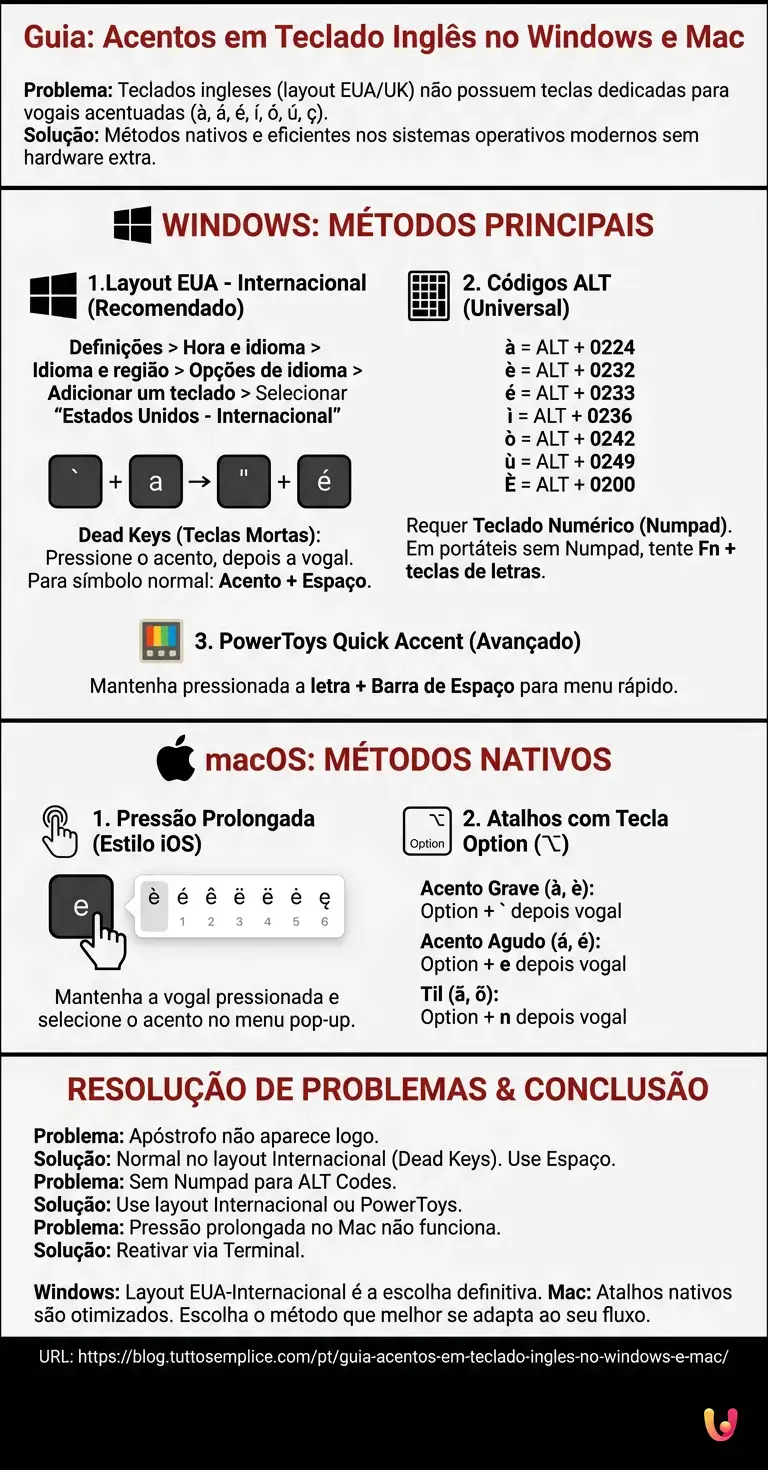 Guia: Acentos em Teclado Ingl&ecirc;s no Windows e Mac - Infogr&aacute;fico resumido
