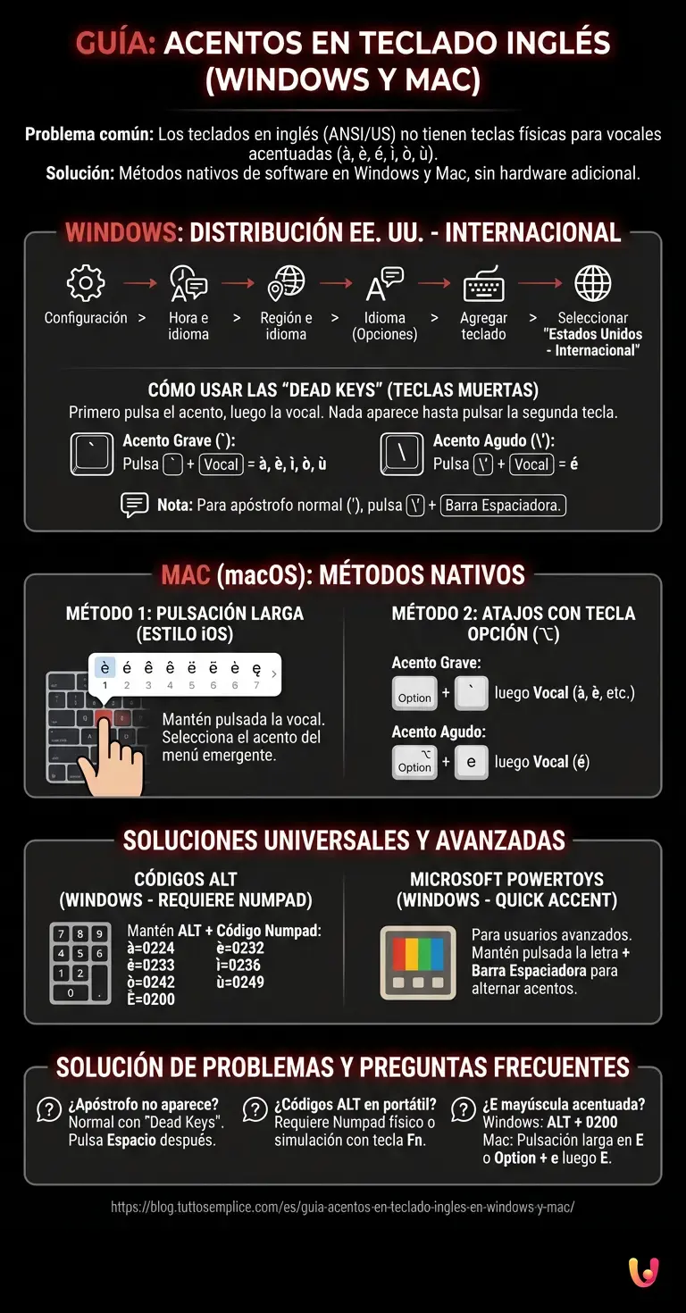 Gu&iacute;a: Acentos en Teclado Ingl&eacute;s en Windows y Mac - Infograf&iacute;a resumen