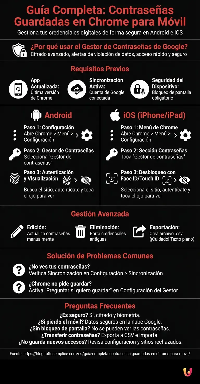 Gu&iacute;a Completa: Contrase&ntilde;as Guardadas en Chrome para M&oacute;vil - Infograf&iacute;a resumen