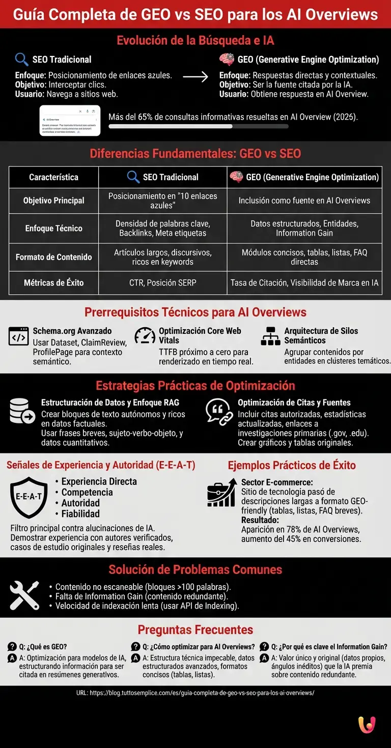 Gu&iacute;a Completa de GEO vs SEO para los AI Overviews - Infograf&iacute;a resumen
