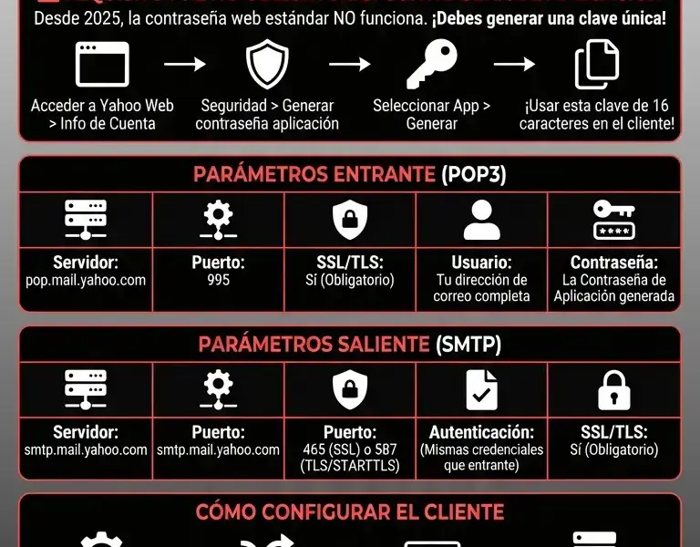 Infografica: Gu&iacute;a Completa de los Par&aacute;metros POP3 de Yahoo Mail (2025)