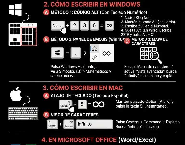 Infografica: Gu&iacute;a completa sobre el s&iacute;mbolo de infinito en el teclado para PC y Mac