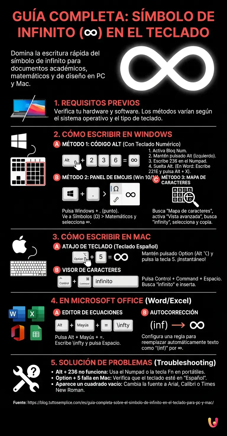 Gu&iacute;a completa sobre el s&iacute;mbolo de infinito en el teclado para PC y Mac - Infograf&iacute;a resumen