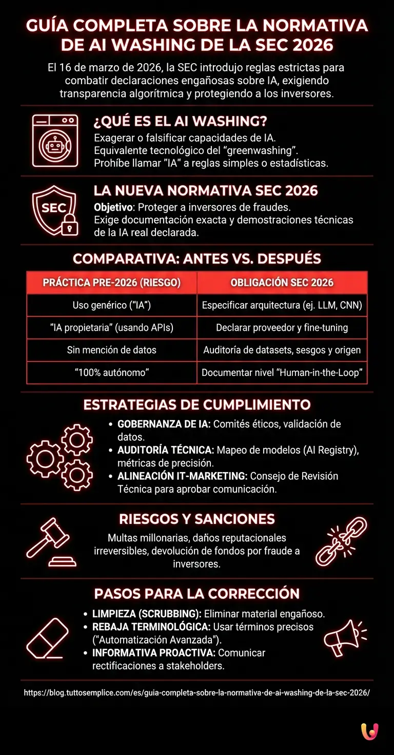 Gu&iacute;a Completa sobre la Normativa de AI Washing de la SEC 2026 - Infograf&iacute;a resumen