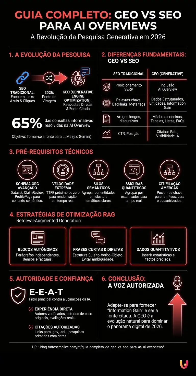 Guia Completo de GEO vs SEO para as AI Overviews - Infogr&aacute;fico resumido