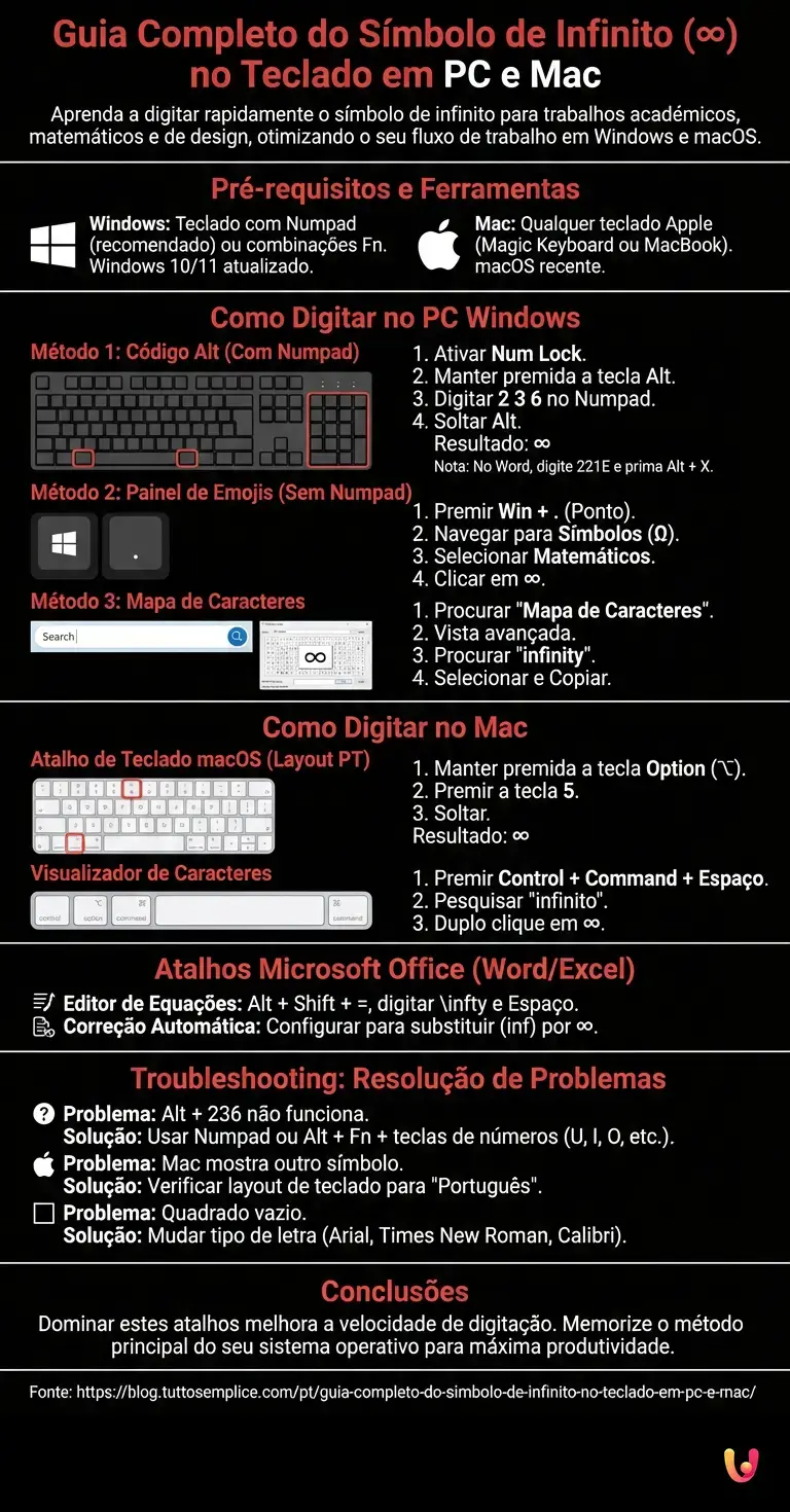 Guia Completo do S&iacute;mbolo de Infinito no Teclado em PC e Mac - Infogr&aacute;fico resumido