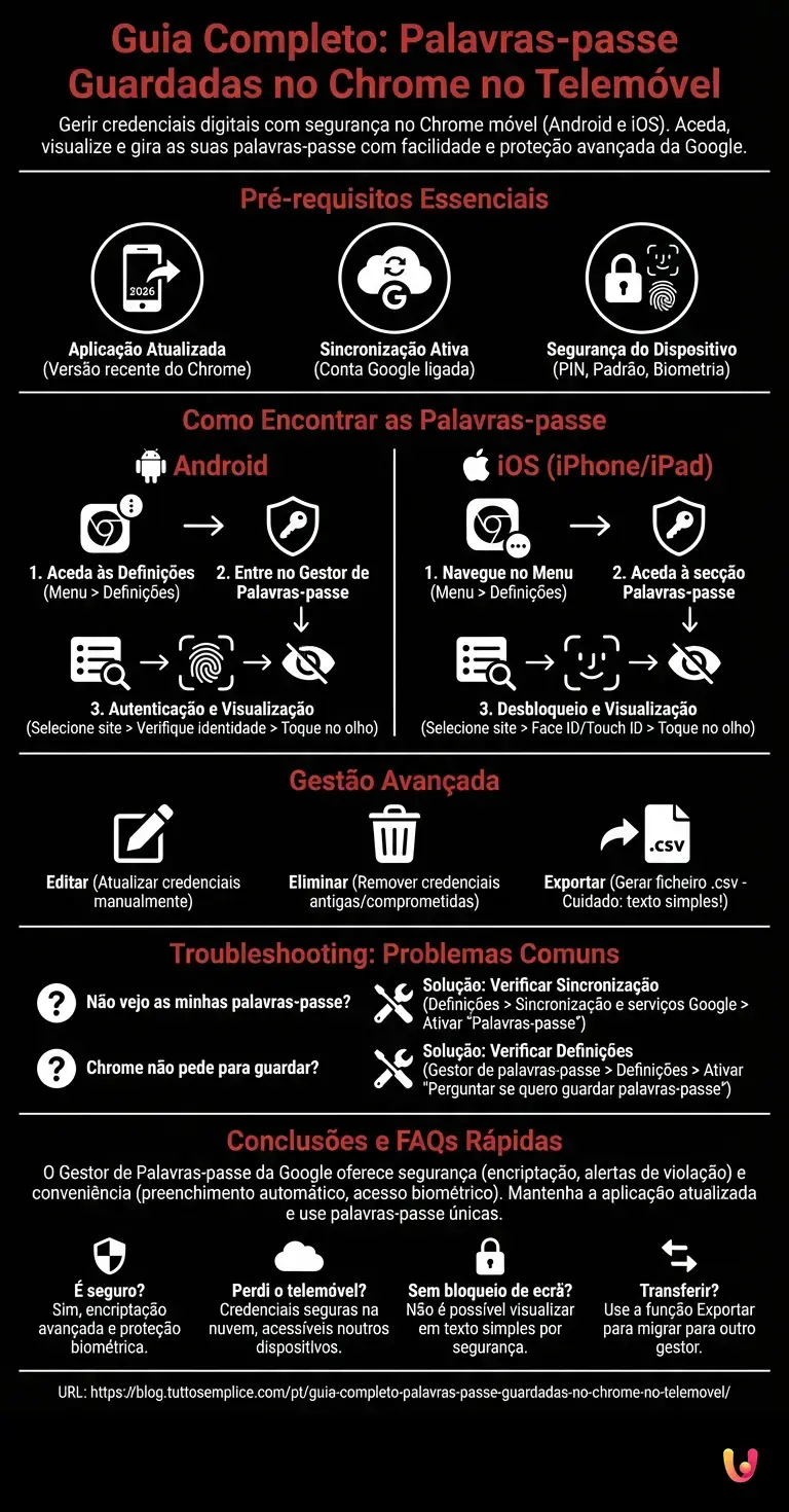 Guia Completo: Palavras-passe Guardadas no Chrome no Telemóvel - Infográfico resumido