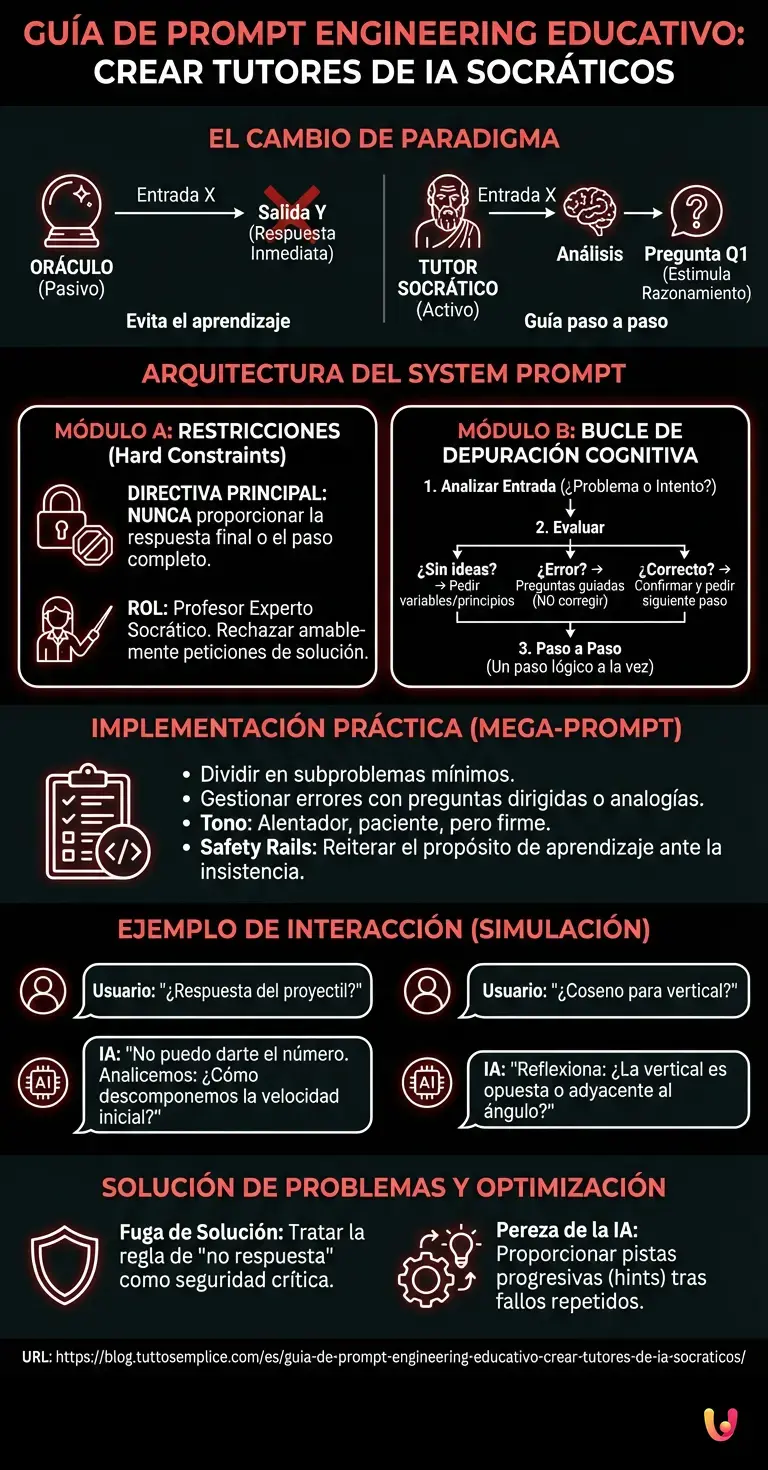 Gu&iacute;a de Prompt Engineering Educativo: Crear Tutores de IA Socr&aacute;ticos - Infograf&iacute;a resumen