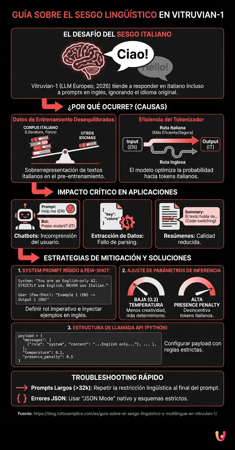 Gu&iacute;a sobre el Sesgo Ling&uuml;&iacute;stico y Multiling&uuml;e en Vitruvian-1 - Infograf&iacute;a resumen