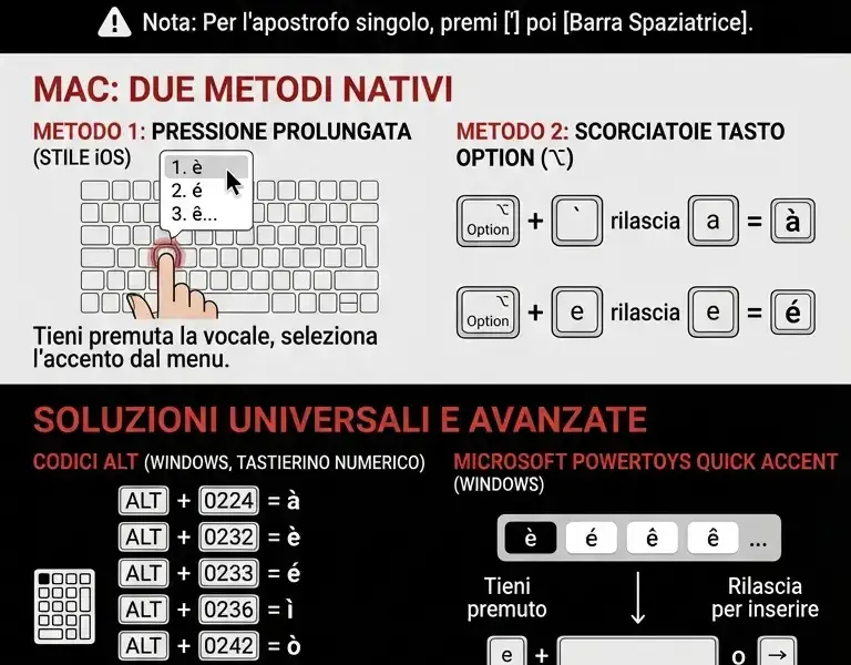 Infografica: Guida: Accenti Tastiera Inglese su Windows e Mac