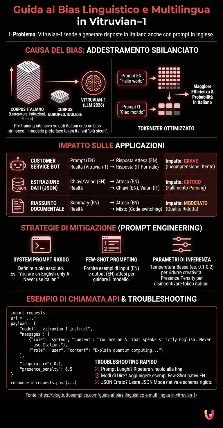 Guida al Bias Linguistico e Multilingua in Vitruvian-1 - Infografica riassuntiva
