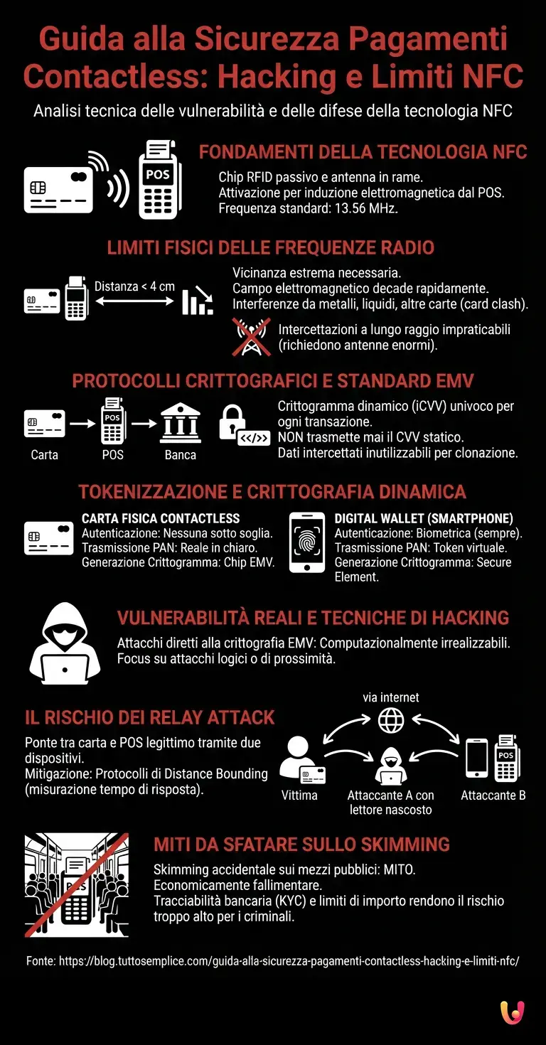 Guida alla Sicurezza Pagamenti Contactless: Hacking e Limiti NFC - Infografica riassuntiva