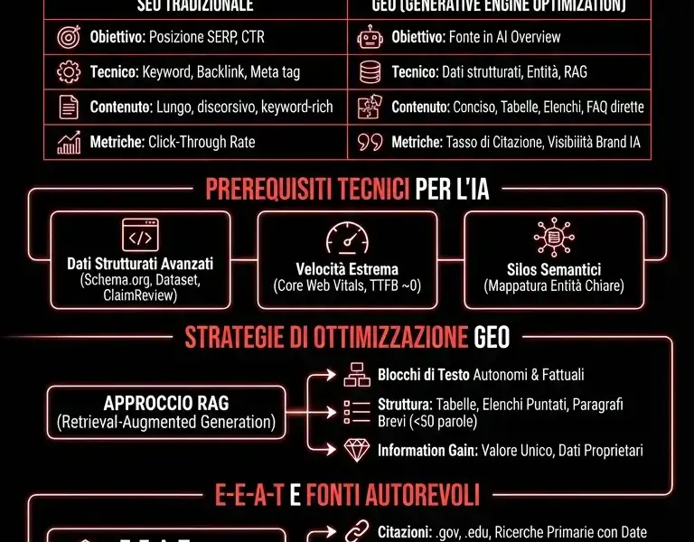 Infografica: Guida Completa a GEO vs SEO per le AI Overview