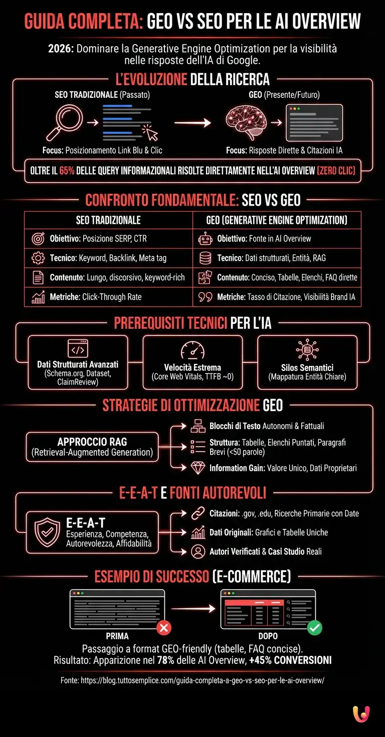 Guida Completa a GEO vs SEO per le AI Overview - Infografica riassuntiva