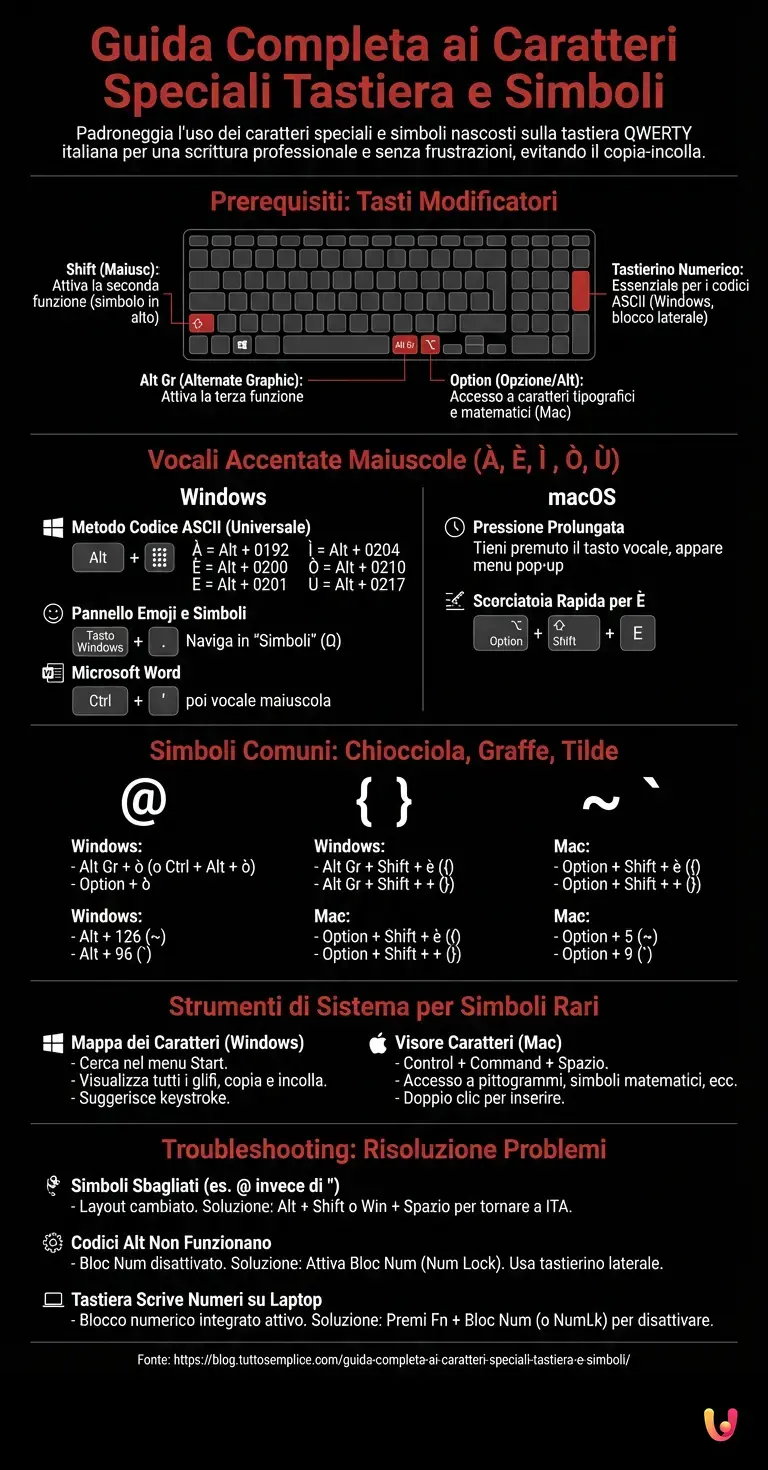 Guida Completa ai Caratteri Speciali Tastiera e Simboli - Infografica riassuntiva
