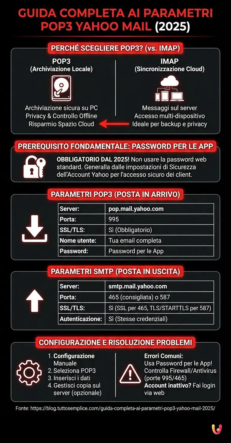 Guida Completa ai Parametri POP3 Yahoo Mail (2025) - Infografica riassuntiva