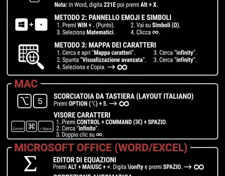 Infografica: Guida Completa al Simbolo Infinito Tastiera su PC e Mac