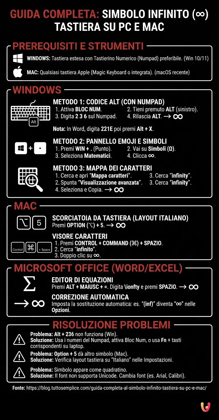 Guida Completa al Simbolo Infinito Tastiera su PC e Mac - Infografica riassuntiva
