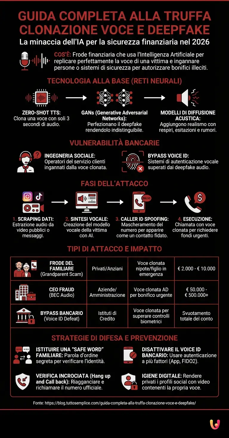 Guida Completa alla Truffa Clonazione Voce e Deepfake - Infografica riassuntiva