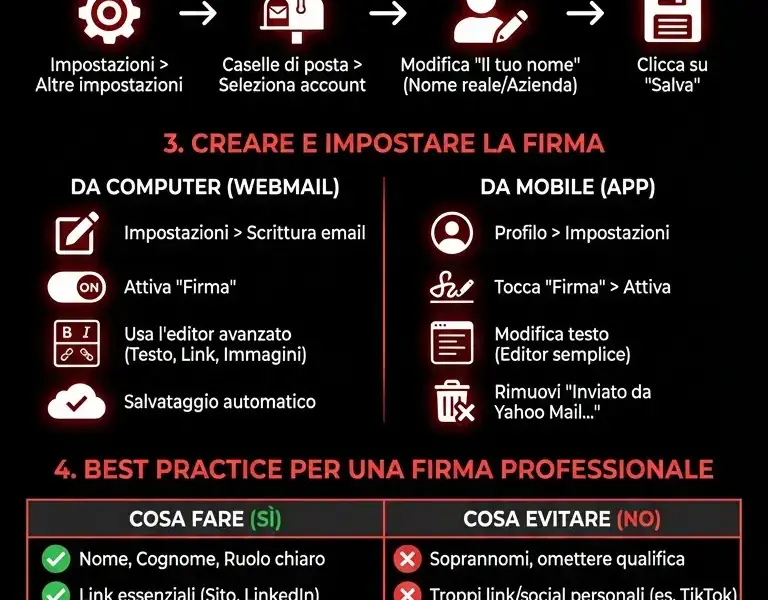 Infografica: Guida Completa per Personalizzare Firma e Nome su Yahoo Mail