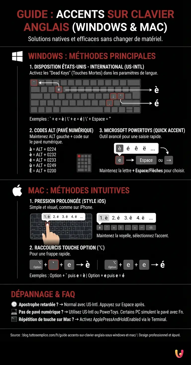 Guide : Accents sur Clavier Anglais sous Windows et Mac - Infographie r&eacute;sumant