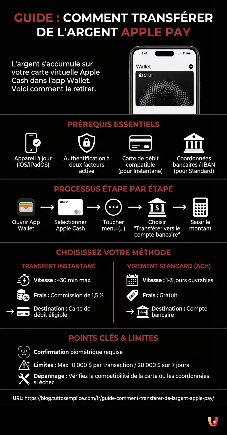 Guide : Comment transf&eacute;rer de l'argent Apple Pay - Infographie r&eacute;sumant