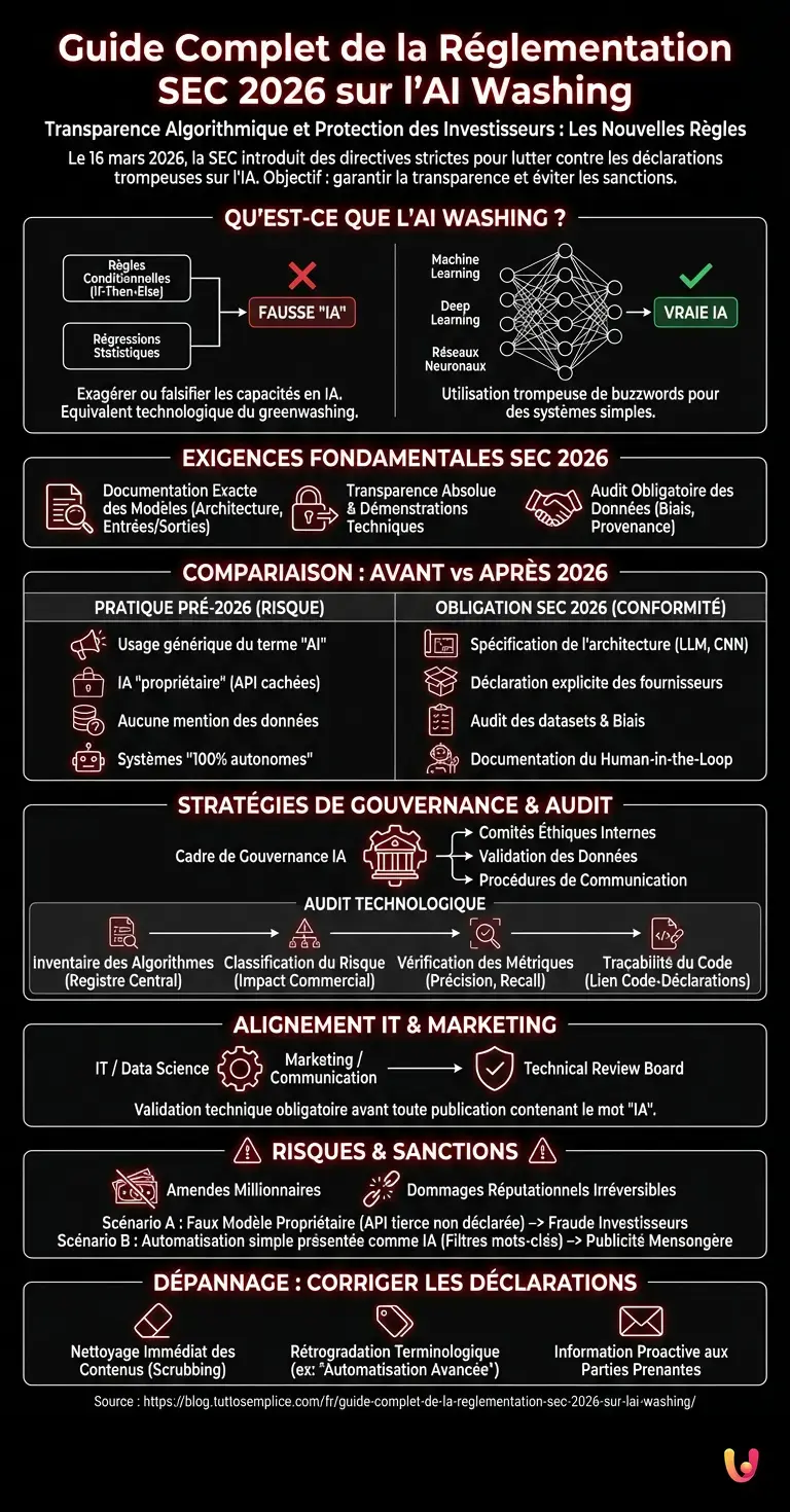 Guide Complet de la R&eacute;glementation SEC 2026 sur l'AI Washing - Infographie r&eacute;sumant