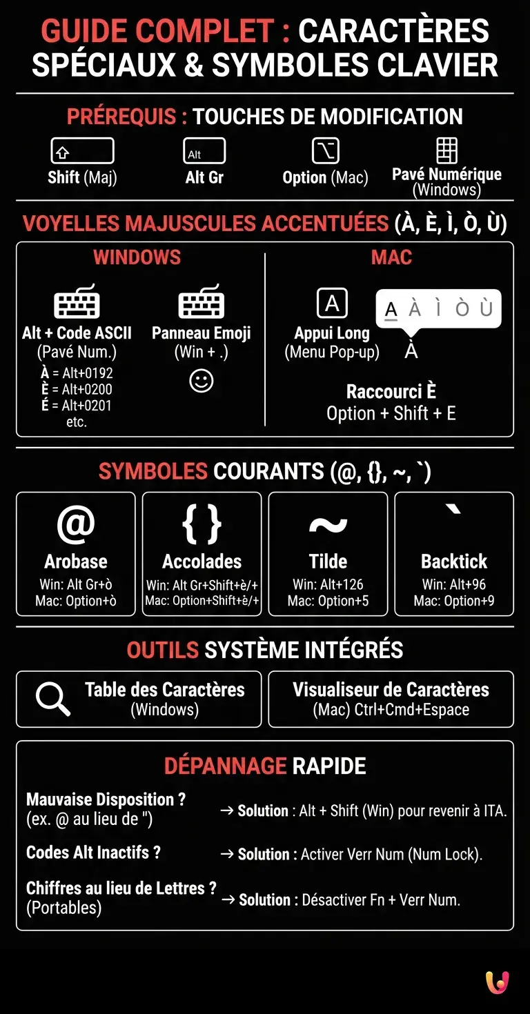 Guide Complet des Caract&egrave;res Sp&eacute;ciaux du Clavier et des Symboles - Infographie r&eacute;sumant