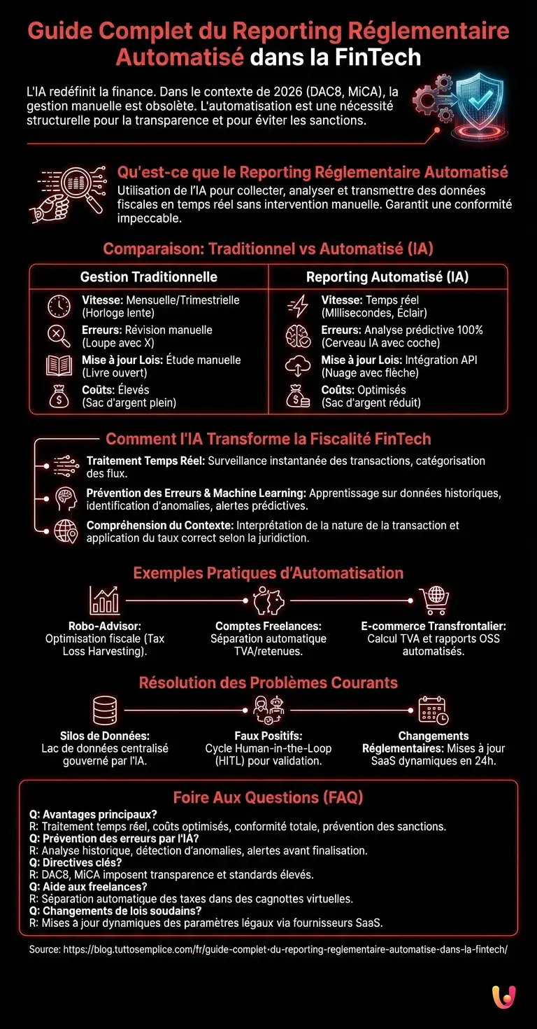 Guide Complet du Reporting R&eacute;glementaire Automatis&eacute; dans la FinTech - Infographie r&eacute;sumant