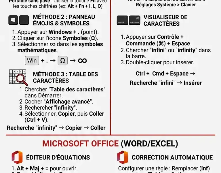 Infografica: Guide Complet du Symbole Infini au Clavier sur PC et Mac