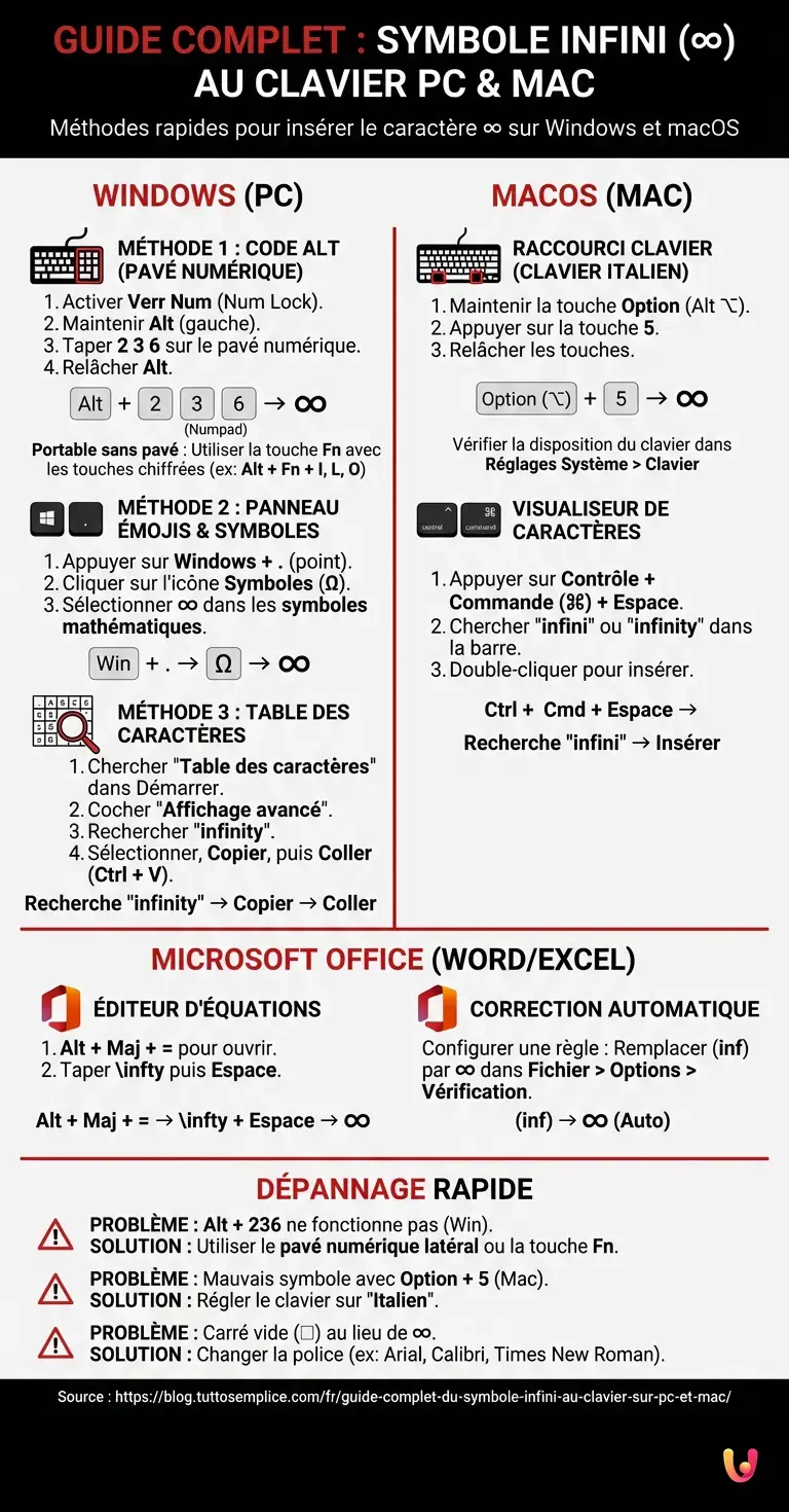Guide Complet du Symbole Infini au Clavier sur PC et Mac - Infographie r&eacute;sumant
