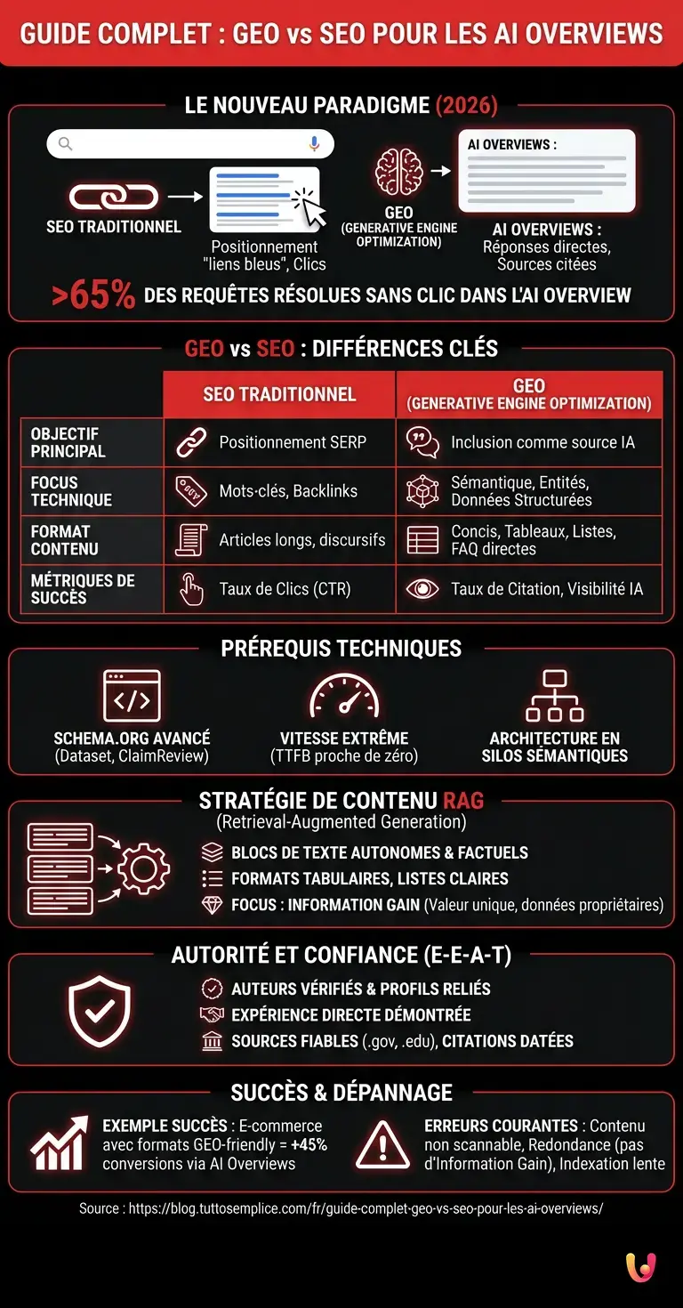 Guide Complet : GEO vs SEO pour les AI Overviews - Infographie résumant