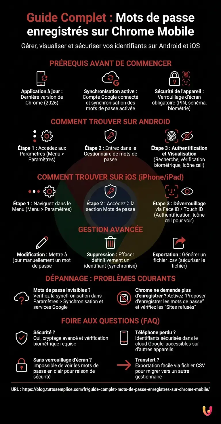 Guide Complet : Mots de passe enregistr&eacute;s sur Chrome Mobile - Infographie r&eacute;sumant