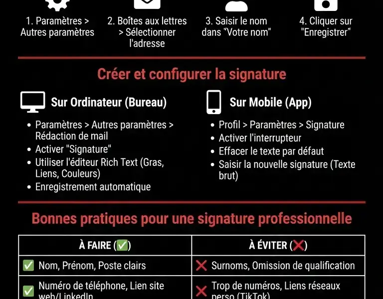 Infografica: Guide compl&egrave;te pour personnaliser la signature et le nom sur Yahoo Mail