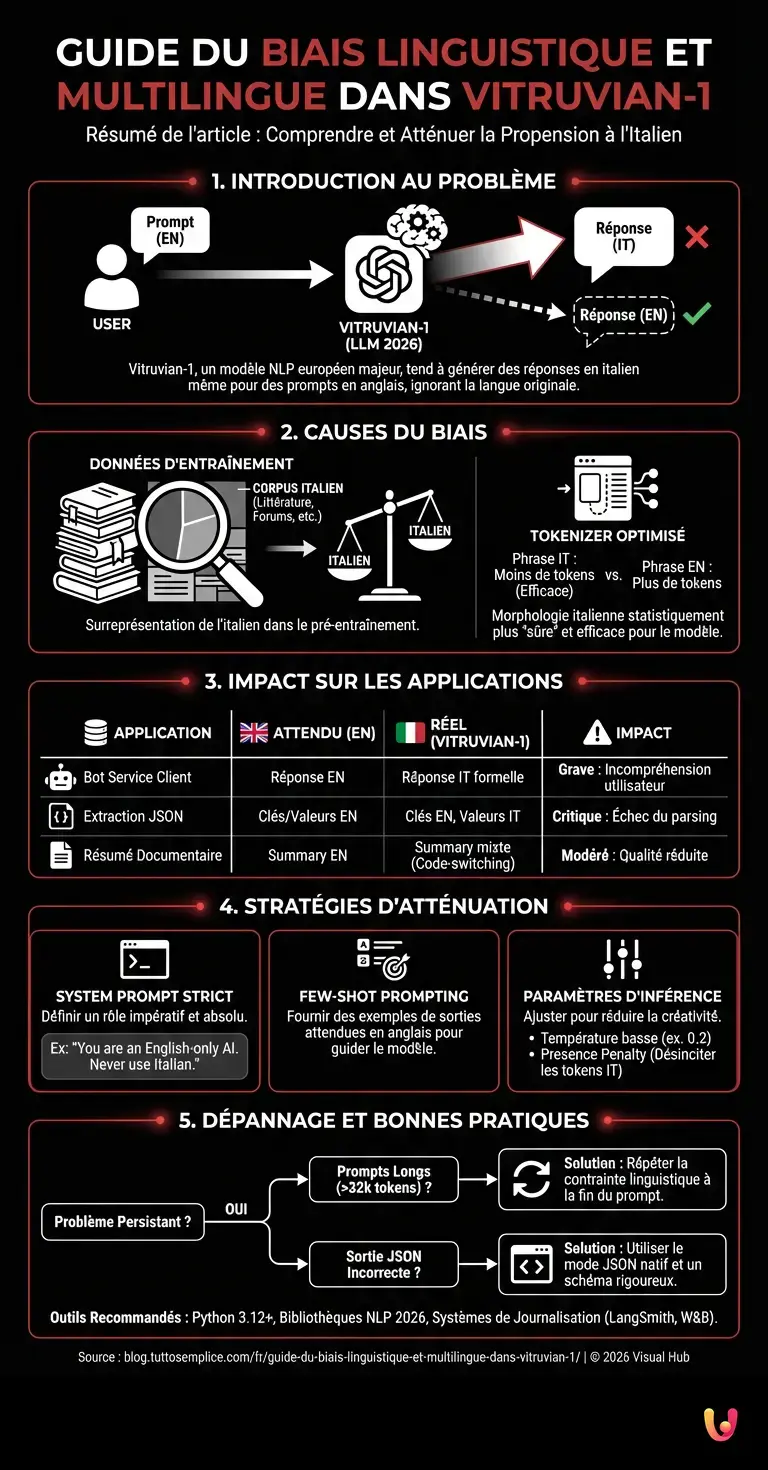 Guide du Biais Linguistique et Multilingue dans Vitruvian-1 - Infographie r&eacute;sumant