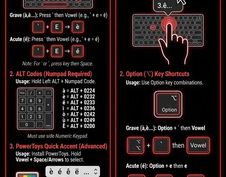 Infografica: Guide: English Keyboard Accents on Windows and Mac