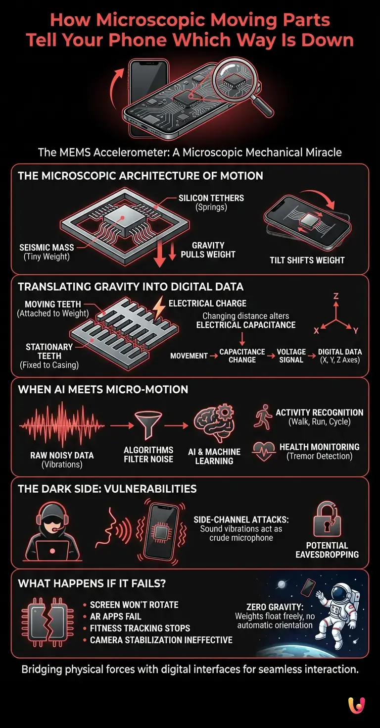 How Microscopic Moving Parts Tell Your Phone Which Way Is Down - Summary Infographic