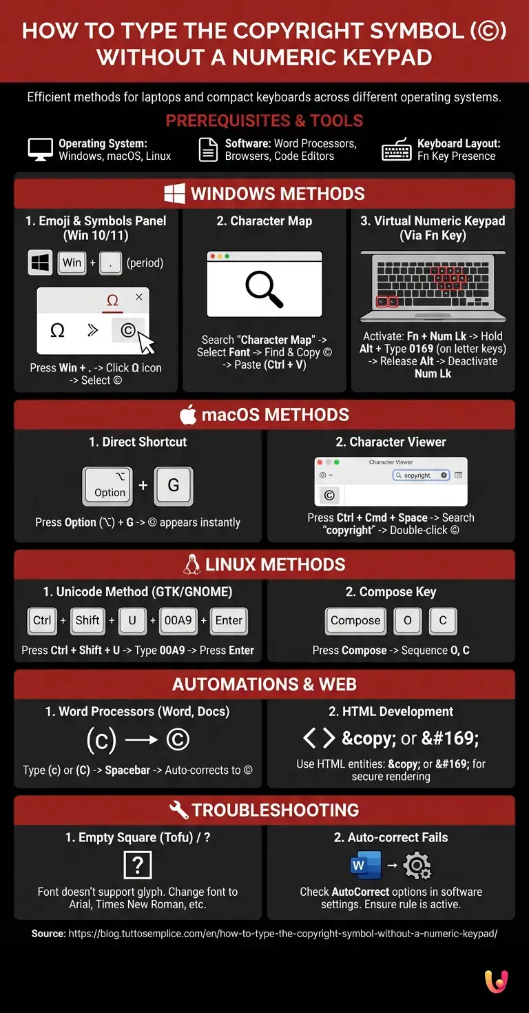 How to Type the Copyright Symbol Without a Numeric Keypad - Summary Infographic