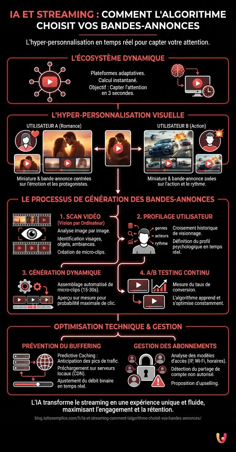 IA et Streaming : Comment l'algorithme choisit vos bandes-annonces - Infographie r&eacute;sumant
