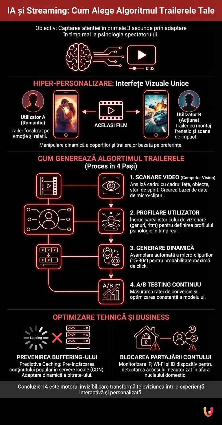 IA și Streaming: Cum Alege Algoritmul Trailerele Tale - Infografic rezumativ