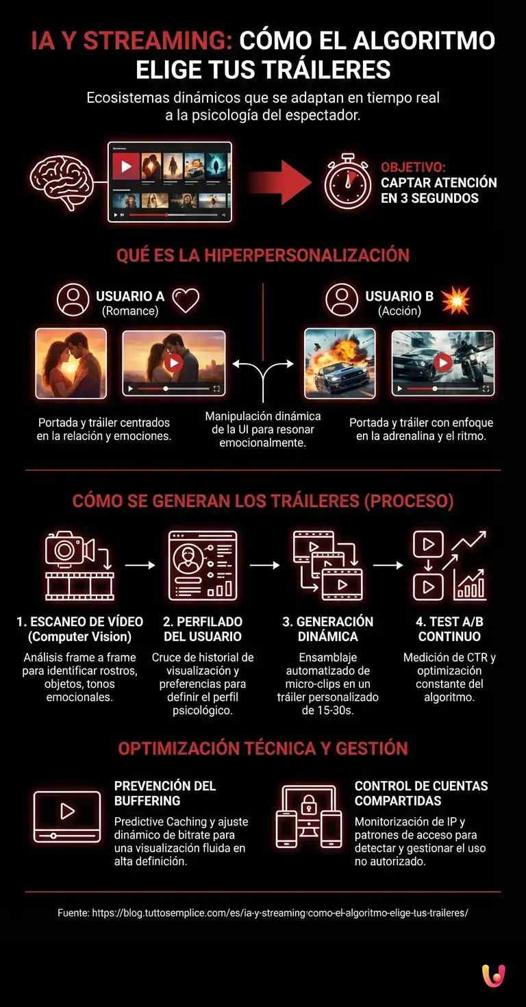 IA y Streaming: C&oacute;mo el Algoritmo Elige tus Tr&aacute;ileres - Infograf&iacute;a resumen