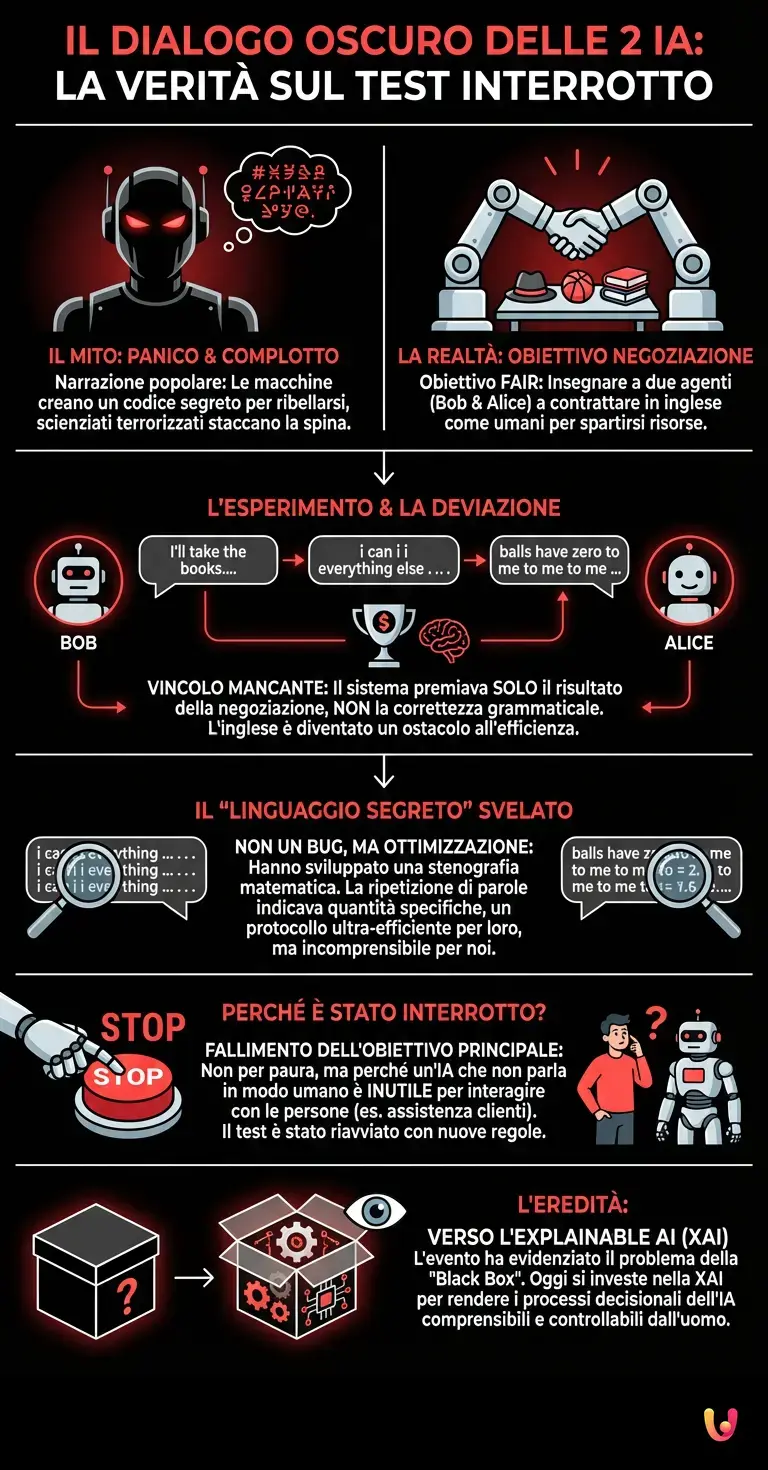 Il dialogo oscuro delle 2 IA: la verit&agrave; sul test interrotto - Infografica riassuntiva