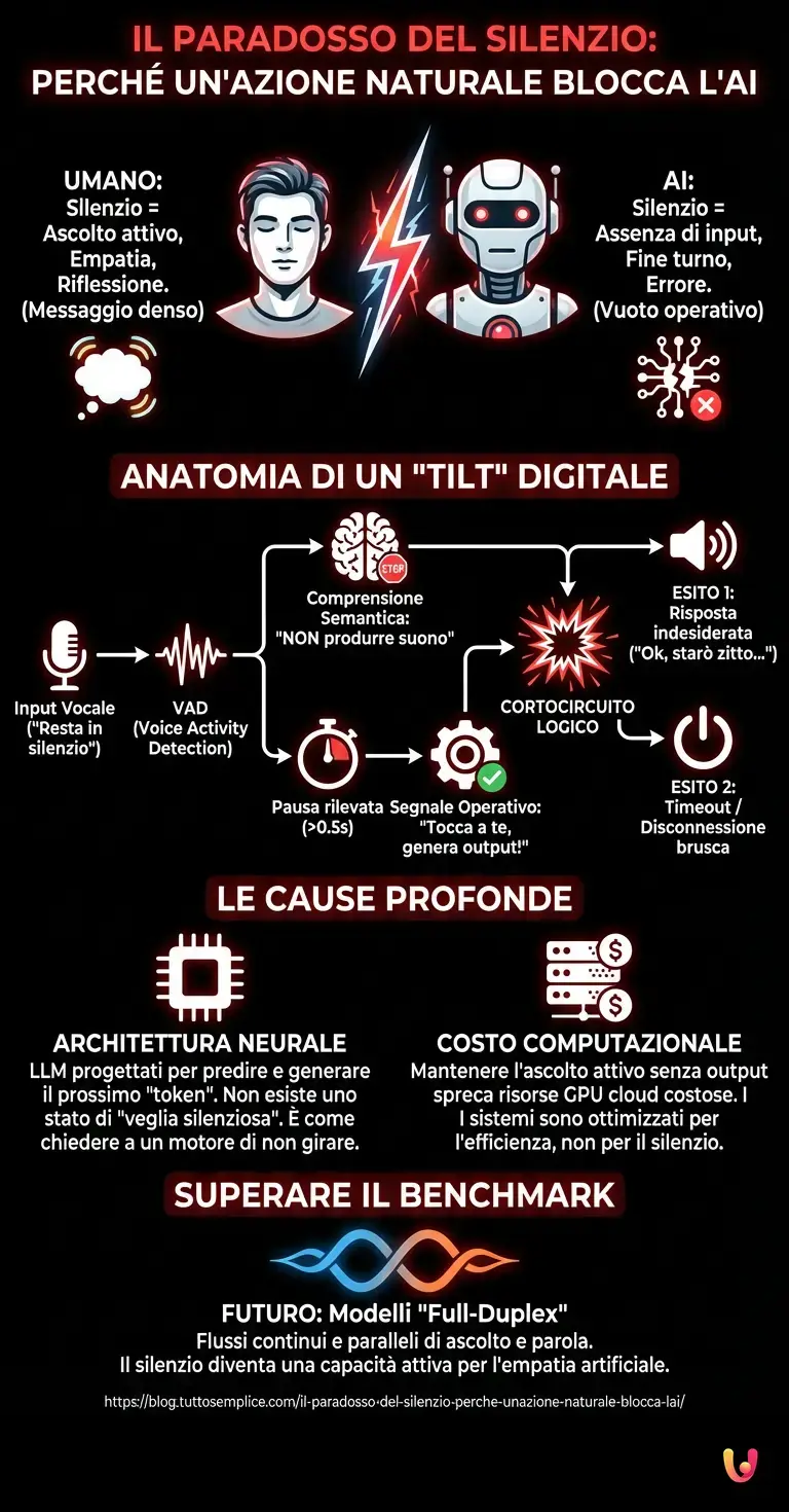 Il paradosso del silenzio: perch&eacute; un'azione naturale blocca l'AI - Infografica riassuntiva