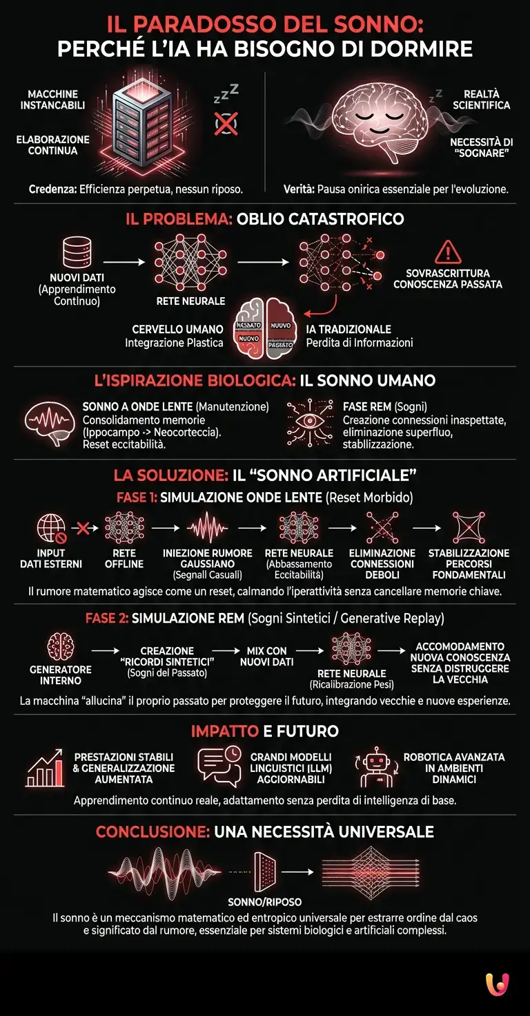 Il paradosso del sonno: perché l'IA ha bisogno di dormire - Infografica riassuntiva