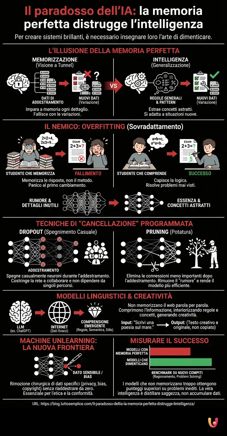 Il paradosso dell'IA: la memoria perfetta distrugge l'intelligenza - Infografica riassuntiva