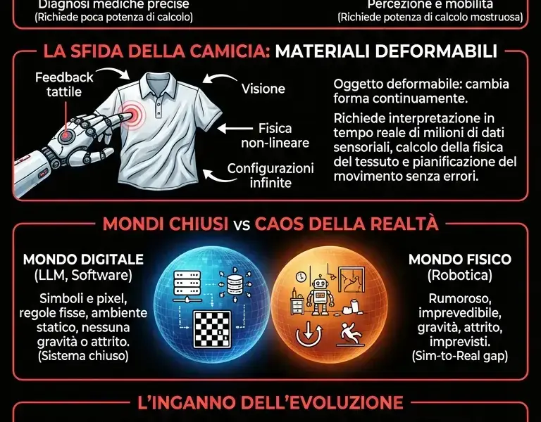 Infografica: Il paradosso di Moravec: perch&eacute; l'IA non sa piegare una camicia